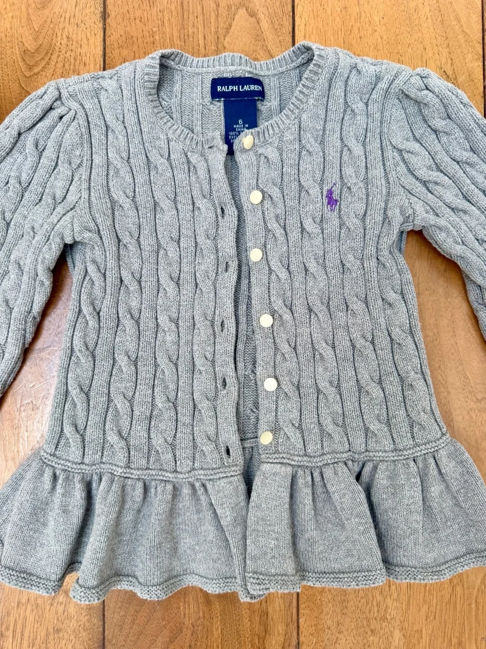 Ralph Lauren Girls Cable Knit Peplum Cardigan Gray Purple Pony Size 6 Cotton